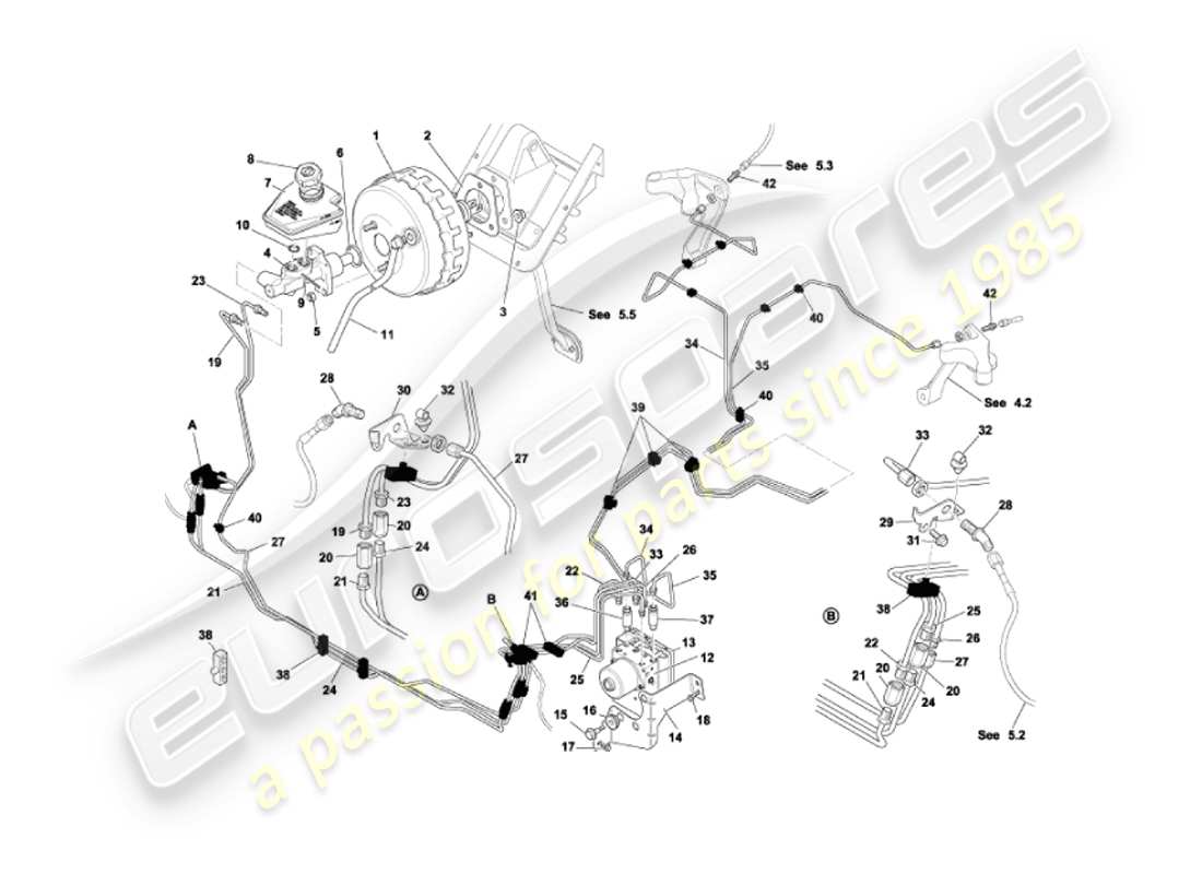 aston martin vanquish (2002) teilediagramm für bremskraftverstärker und -modulator