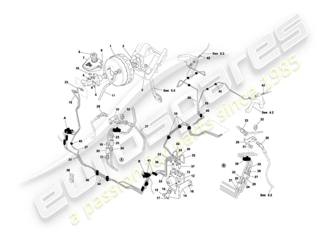 aston martin vanquish (2006) teilediagramm für bremskraftverstärker und -modulator