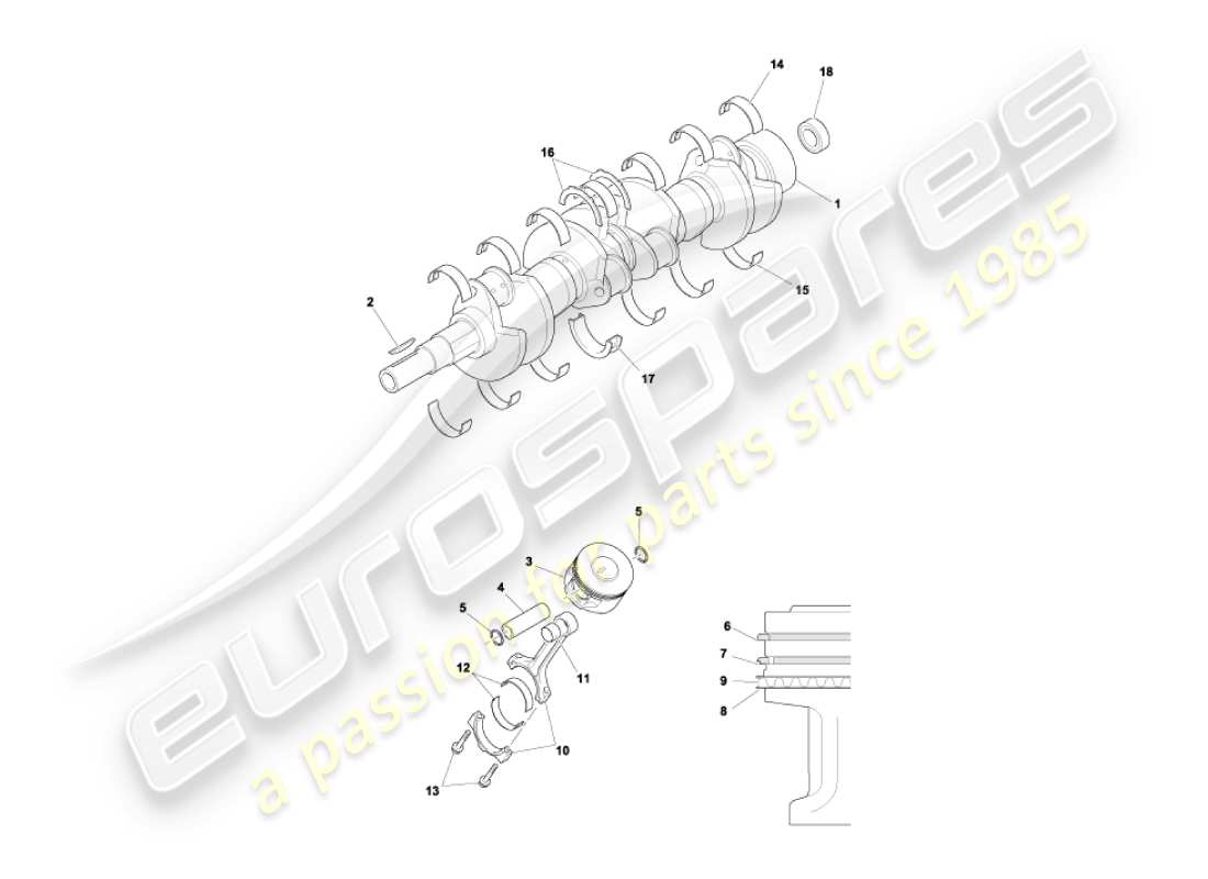 aston martin vanquish (2005) teilediagramm für kurbelwelle, kolben und pleuel