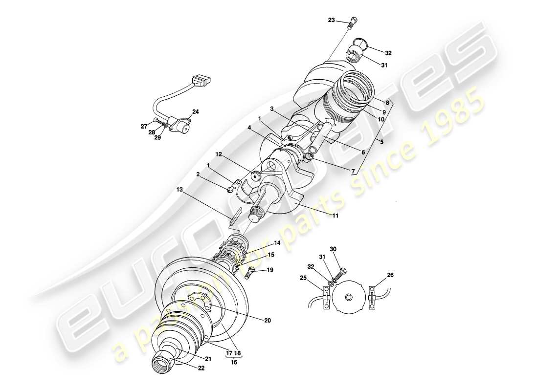 aston martin v8 volante (1998) teilediagramm für kurbelwelle, kolben und pleuel