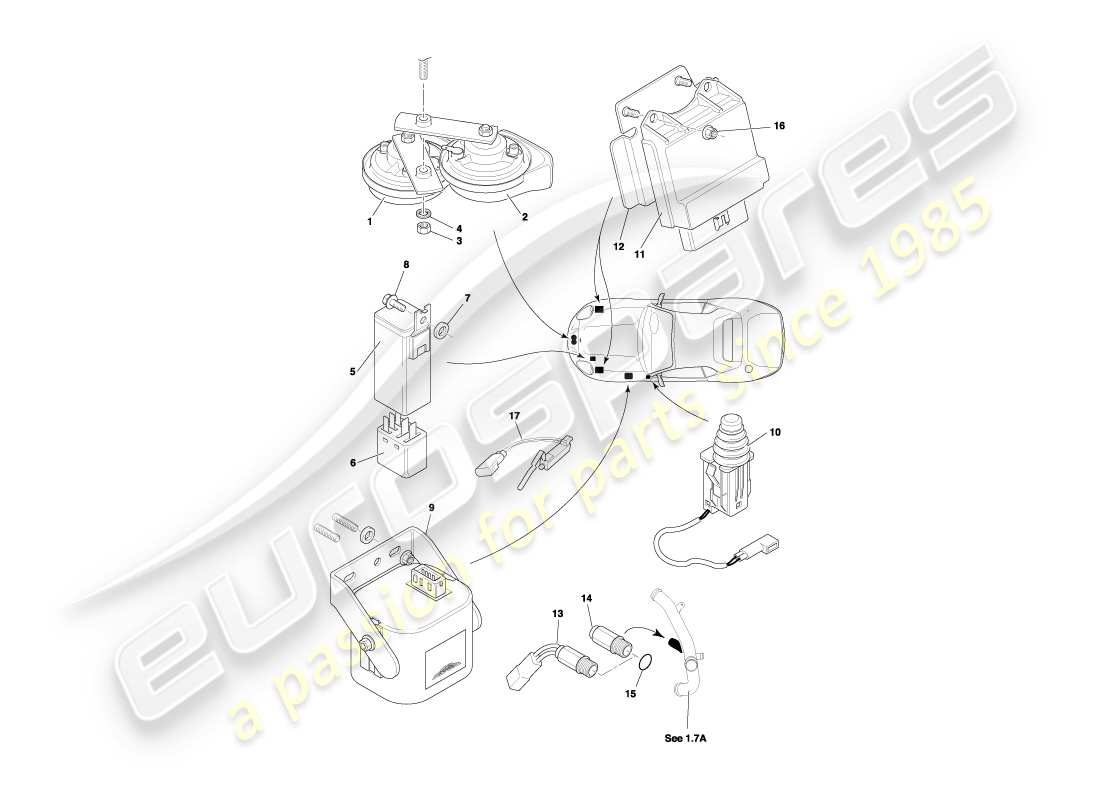 aston martin db7 vantage (2000) teilediagramm für motorraumkomponenten