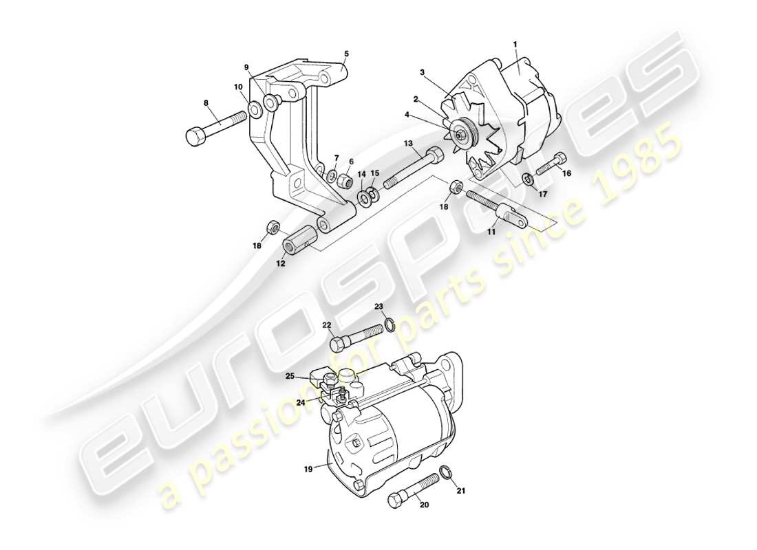 aston martin v8 coupe (2000) teilediagramm für generator, anlasser und luftpumpe