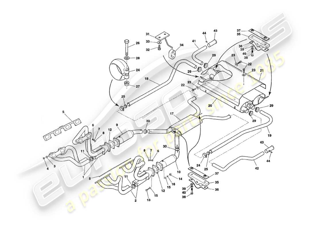 aston martin v8 coupe (1999) auspuffanlage teilediagramm