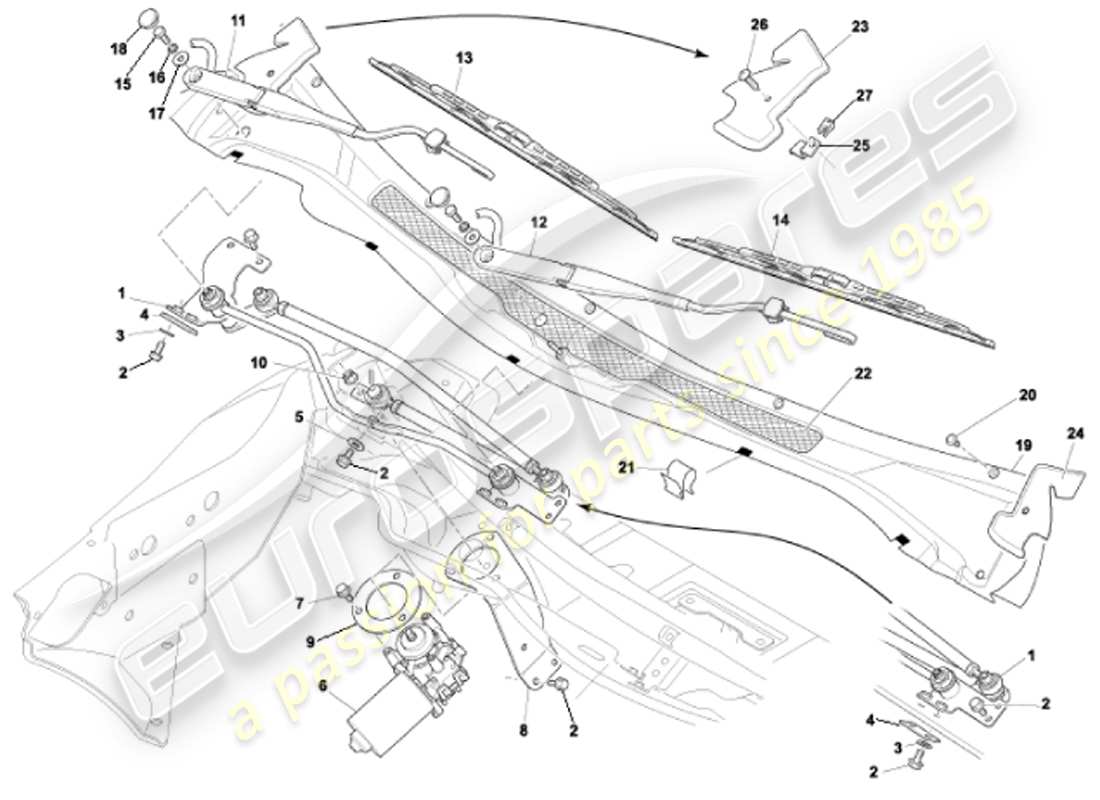 aston martin vanquish (2001) teilediagramm für scheibenwischer