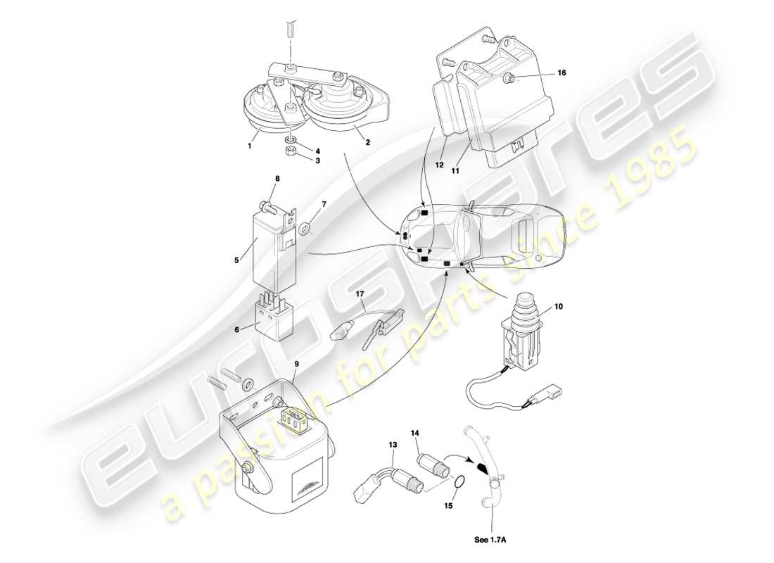 aston martin db7 vantage (2003) teilediagramm für motorraumkomponenten