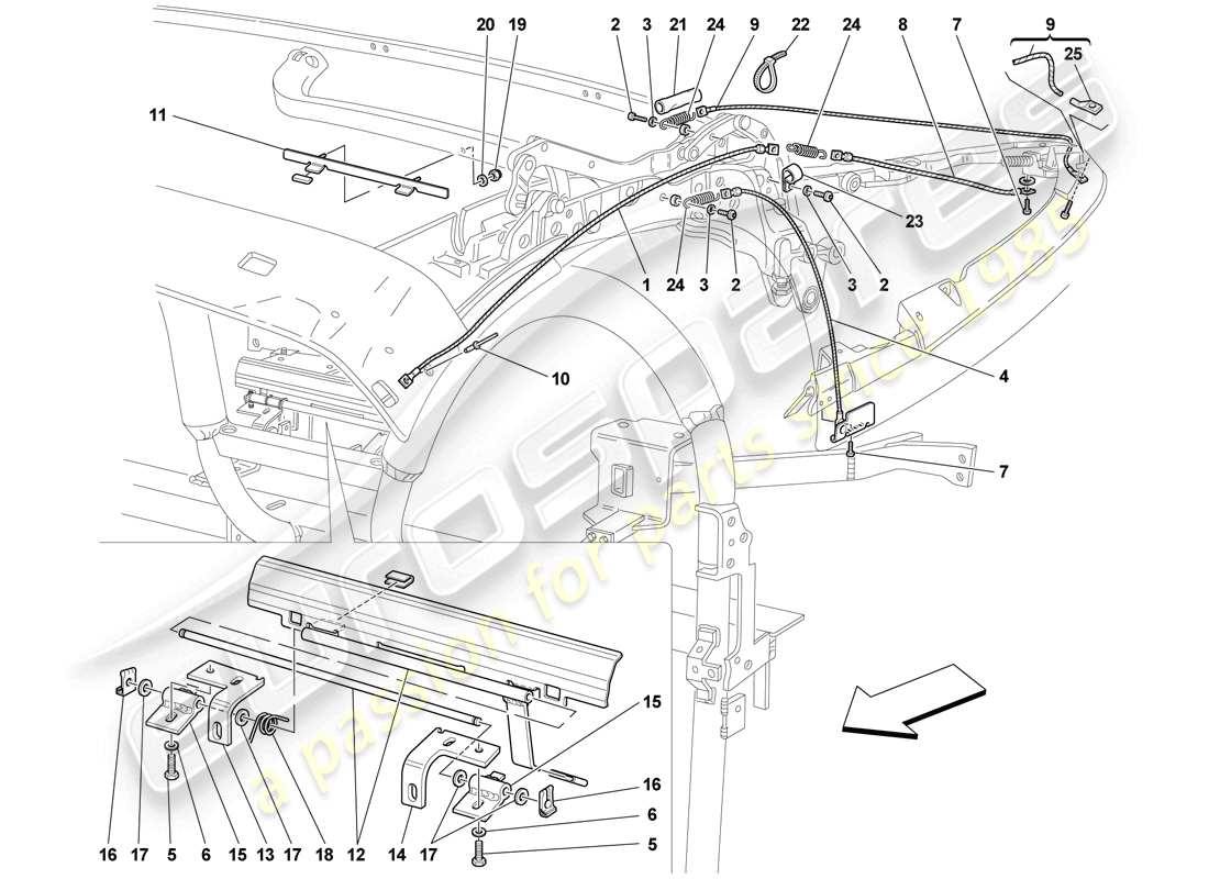 ferrari f430 scuderia (rhd) dachkabel und -mechanismus teilediagramm