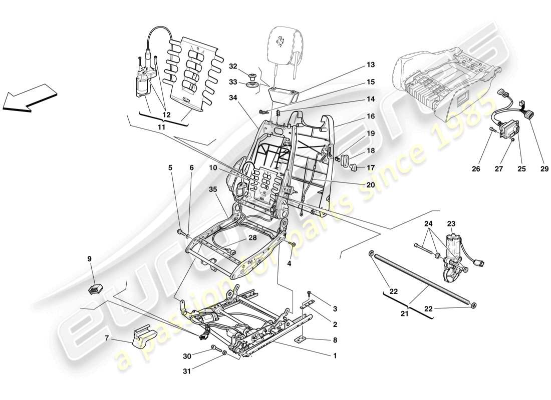 ferrari f430 spider (rhd) elektrischer sitz - führungen und einstellmechanismen ersatzteildiagramm