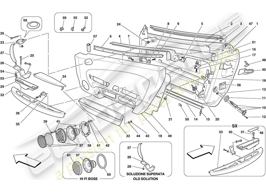 ferrari f430 coupe (europe) türen - unterkonstruktion und verkleidung teilediagramm