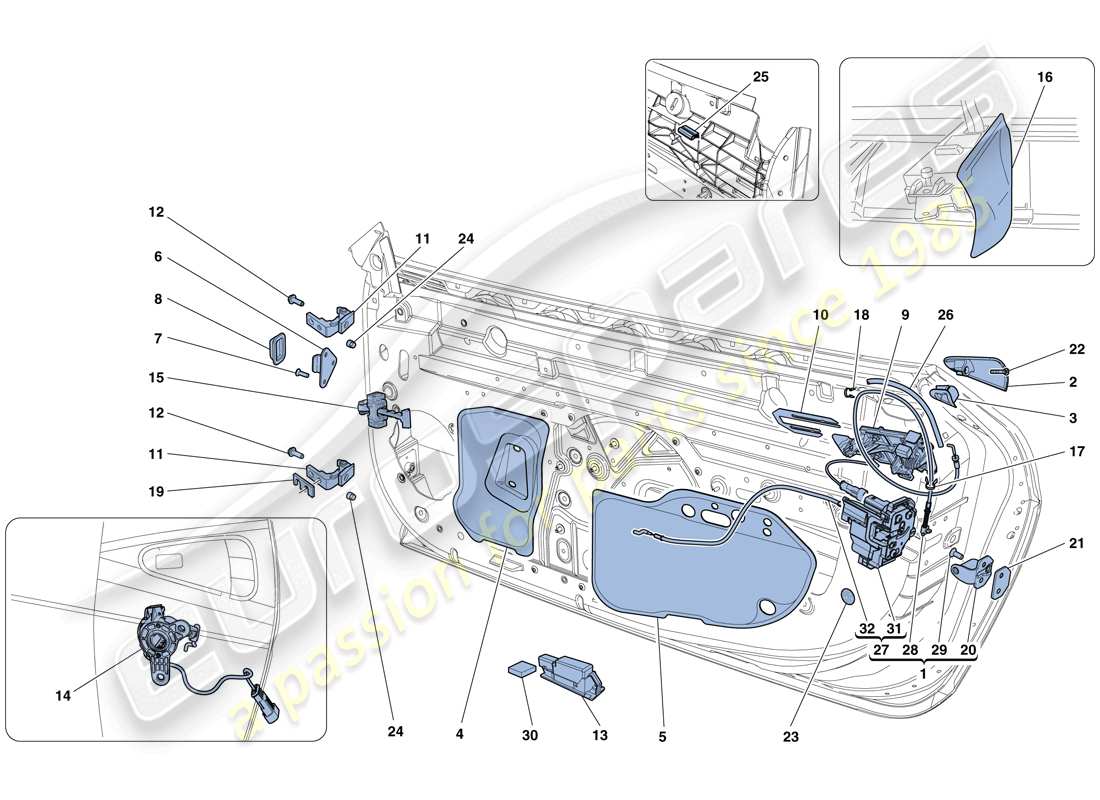 ferrari 458 spider (rhd) türen - öffnungsmechanismus und scharniere ersatzteildiagramm