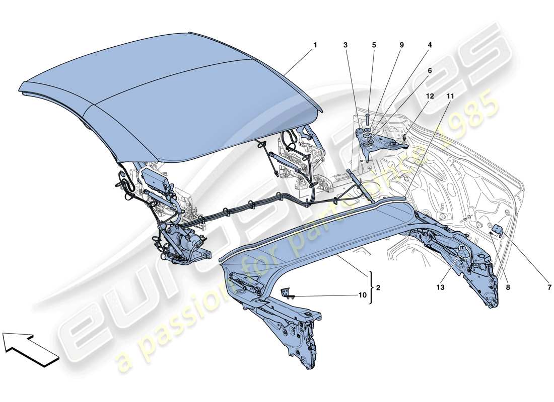 ferrari california t (europe) elektrisches dach: struktur teilediagramm
