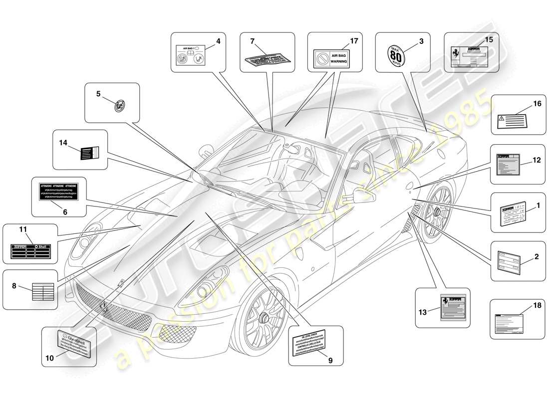 ferrari 599 gto (rhd) klebeetiketten und plaques teilediagramm