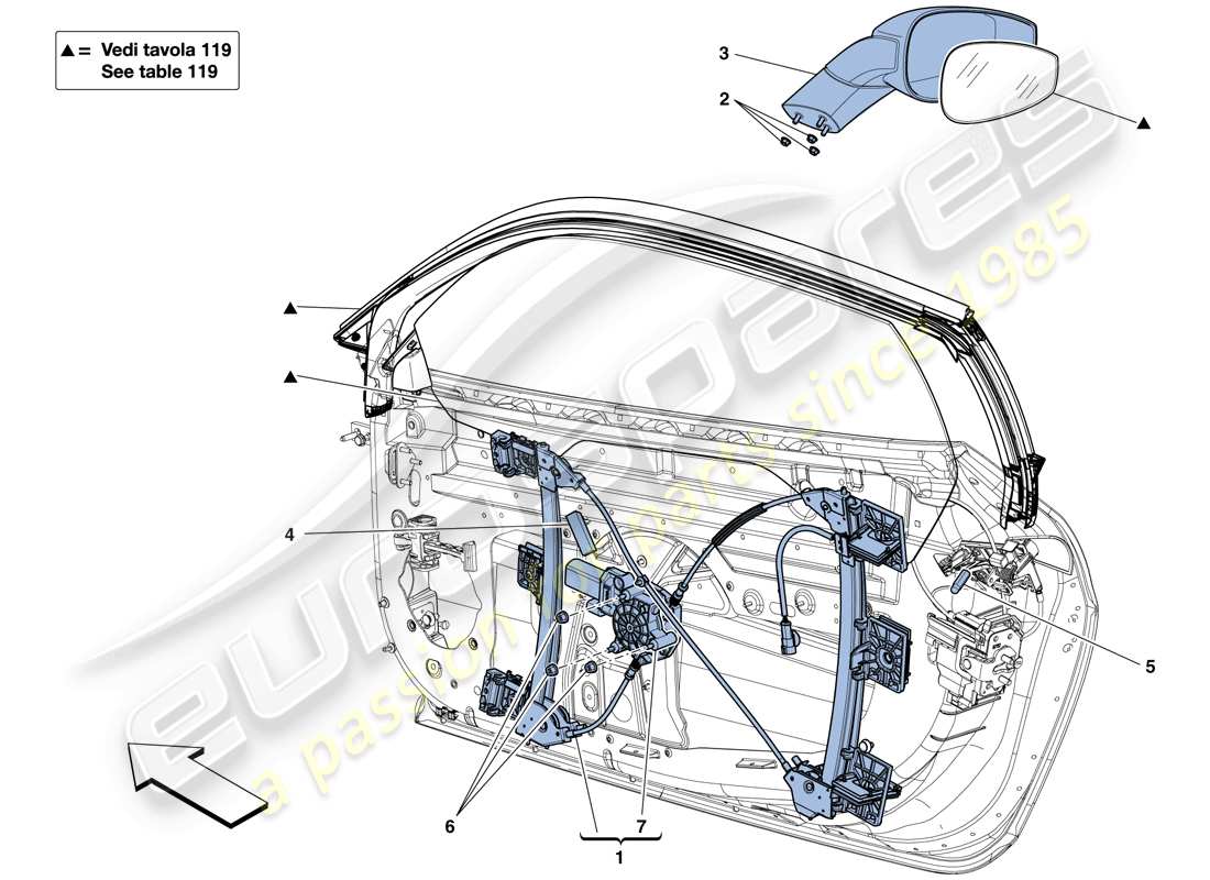 ferrari 458 spider (usa) türen - elektrische fensterheber und rückspiegel ersatzteildiagramm
