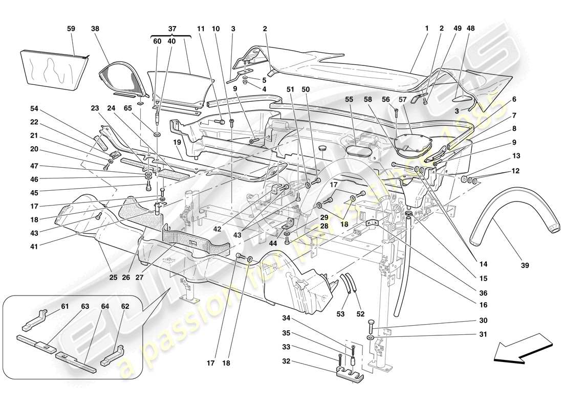 ferrari f430 scuderia spider 16m (europe) dachverkleidung und behälterwanne – teilediagramm