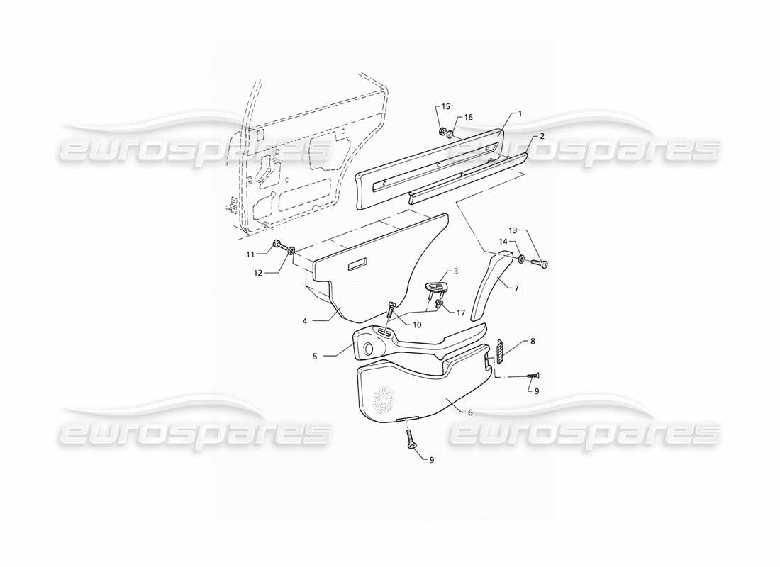 maserati qtp v8 (1998) innenverkleidungen: teilediagramm für hintere türverkleidungen