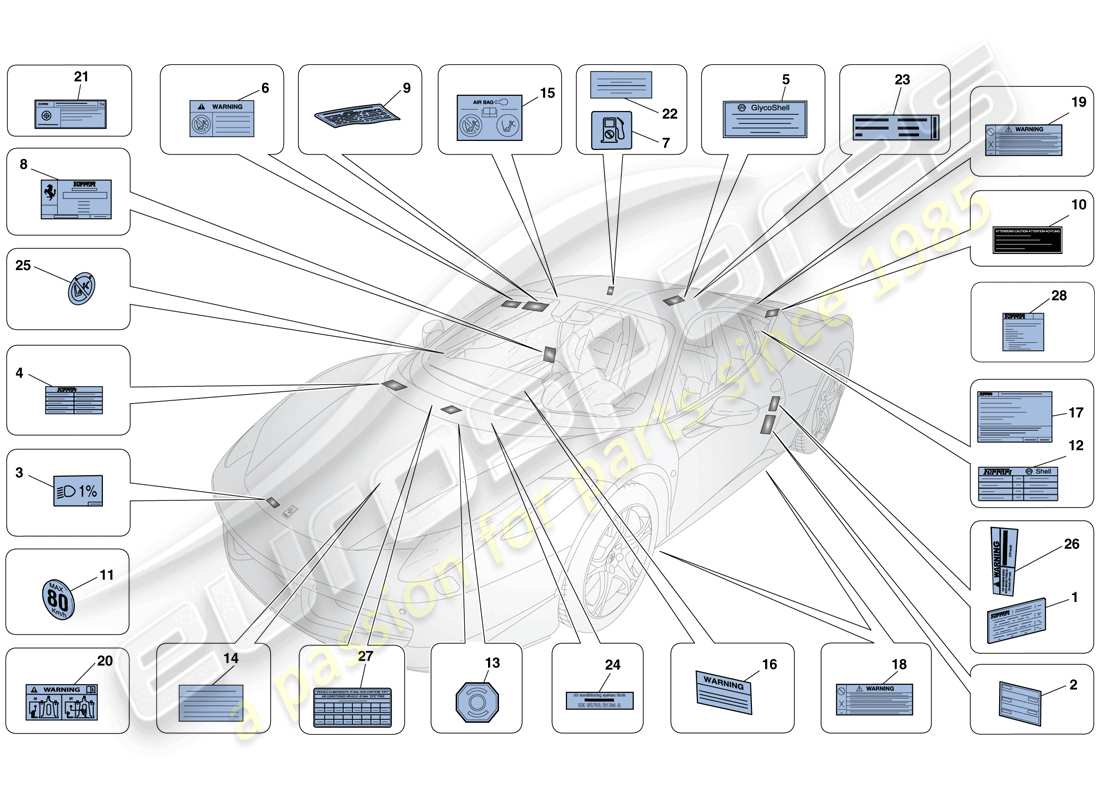 ferrari 458 italia (usa) klebeetiketten und -schilder ersatzteildiagramm