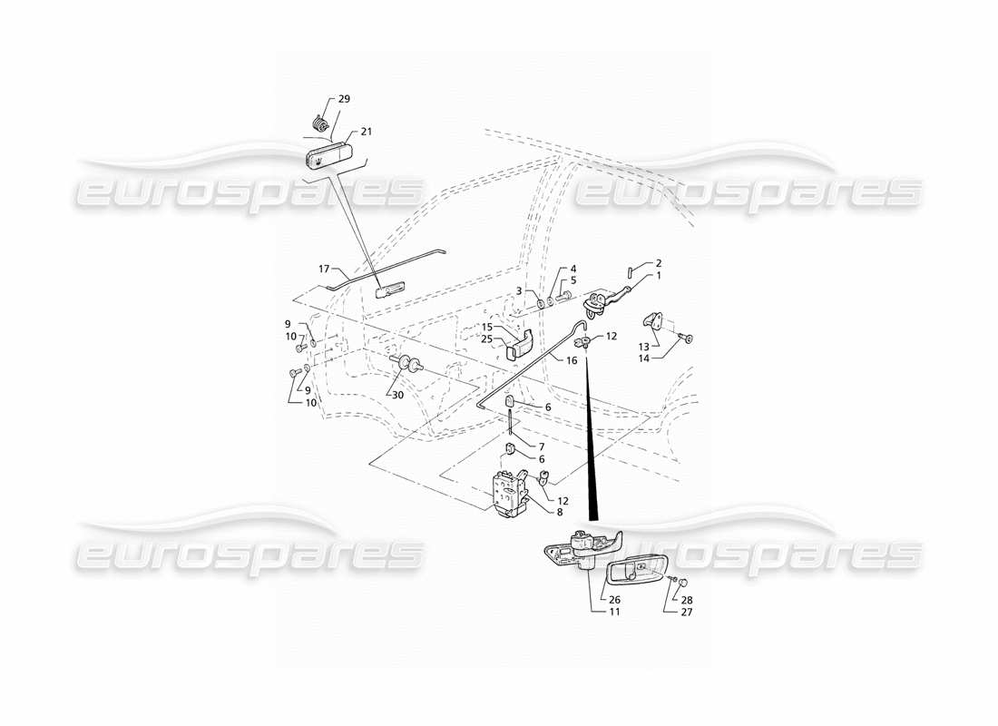maserati qtp v8 (1998) hintertüren: teilediagramm für scharniere und innere bedienelemente