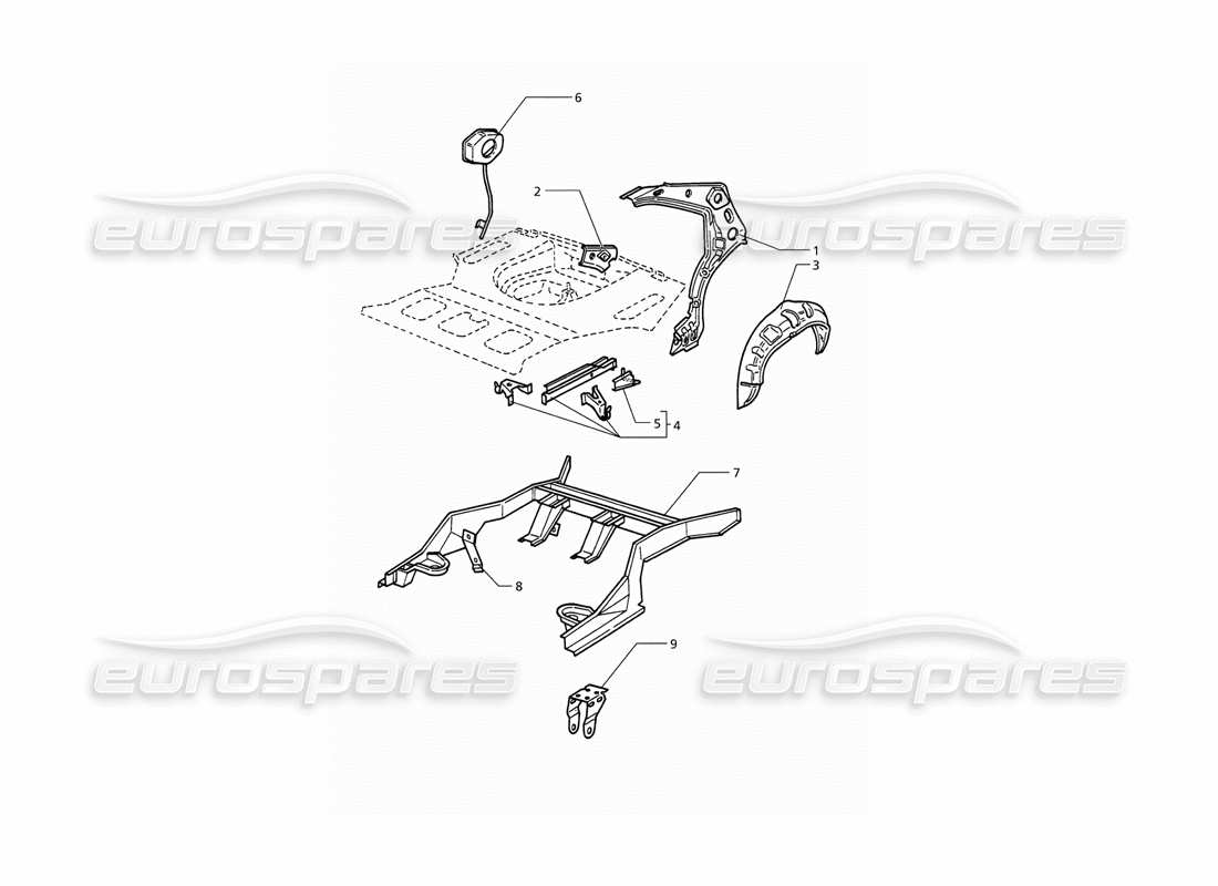 maserati qtp v6 (1996) karosserie: hintere außenstruktur teilediagramm