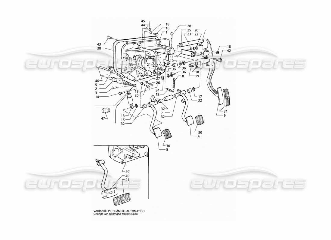 maserati qtp v8 (1998) teilediagramm für pedalbaugruppe und kupplungspumpe (rhd)