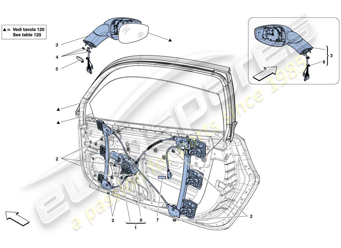 ferrari 488 spider (rhd) türen – elektrische fensterheber und rückspiegel teilediagramm