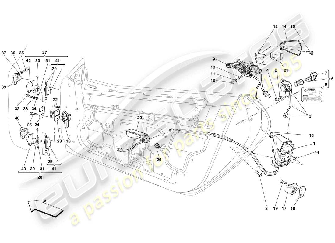 ferrari 599 sa aperta (europe) türen – öffnungsmechanismus und scharniere teilediagramm