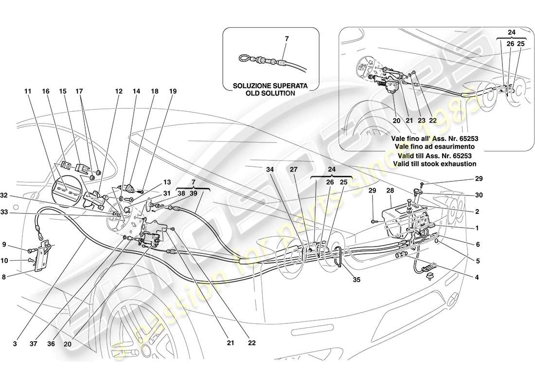ferrari f430 coupe (rhd) öffnungsmechanismen für motorraumdeckel und kraftstoffeinfüllklappe teilediagramm
