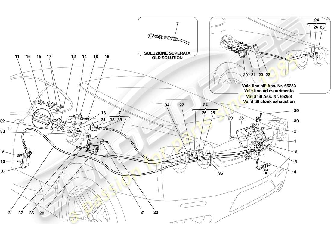 ferrari f430 coupe (rhd) öffnungsmechanismen für motorraumdeckel und tankklappe teilediagramm