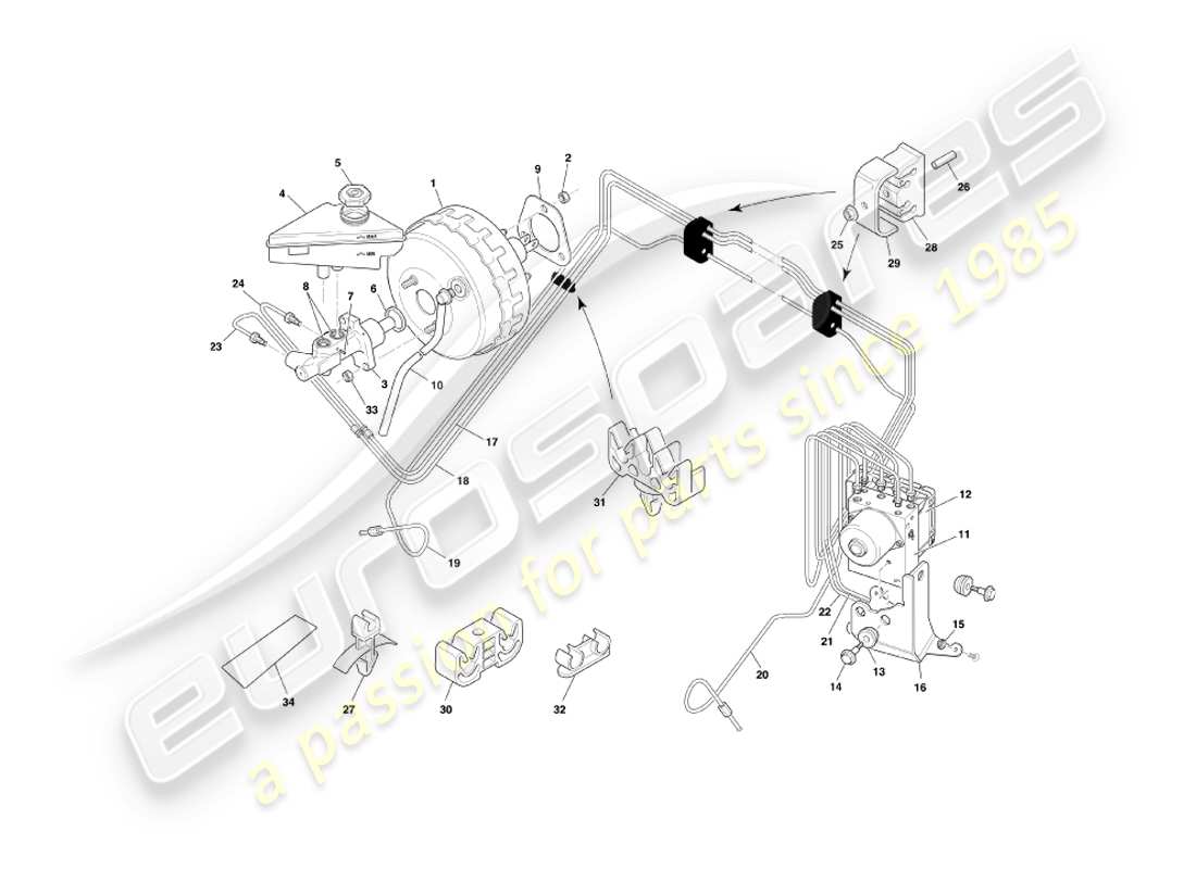 aston martin db7 vantage (1999) teilediagramm für bremskraftverstärker und -modulator