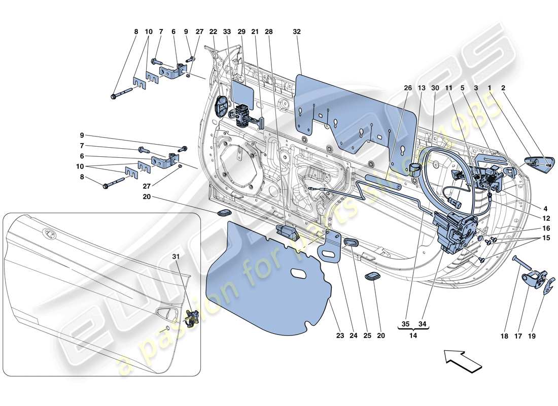 ferrari california t (rhd) türen – öffnungsmechanismen und scharniere teilediagramm