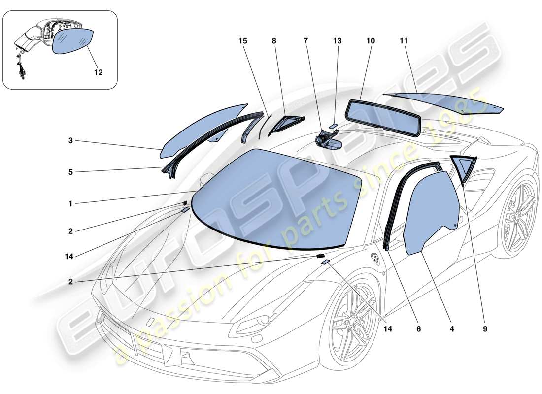 ferrari 488 gtb (europe) bildschirme, fenster und dichtungen ersatzteildiagramm