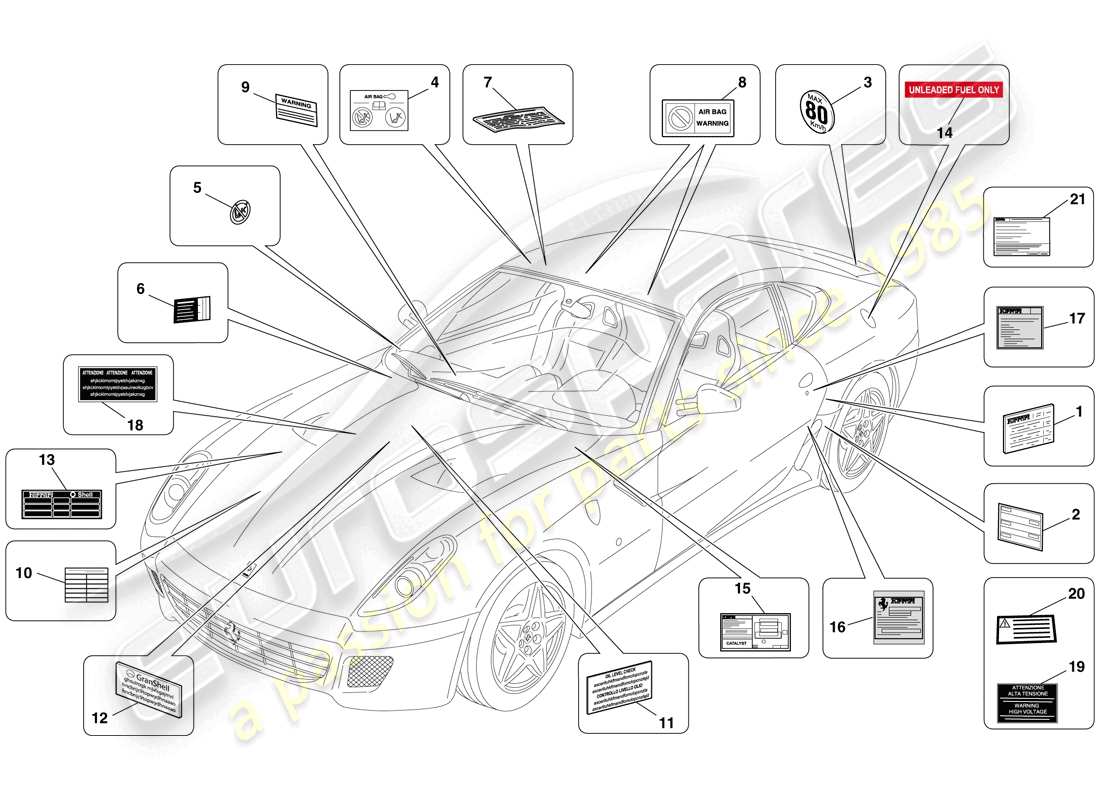 ferrari 599 gtb fiorano (rhd) klebeetiketten und -schilder ersatzteildiagramm