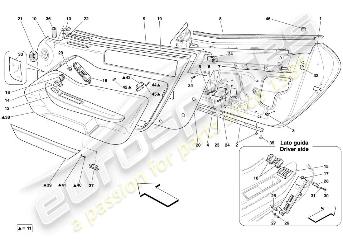 ferrari 599 gto (rhd) türen – unterkonstruktion und verkleidung teilediagramm