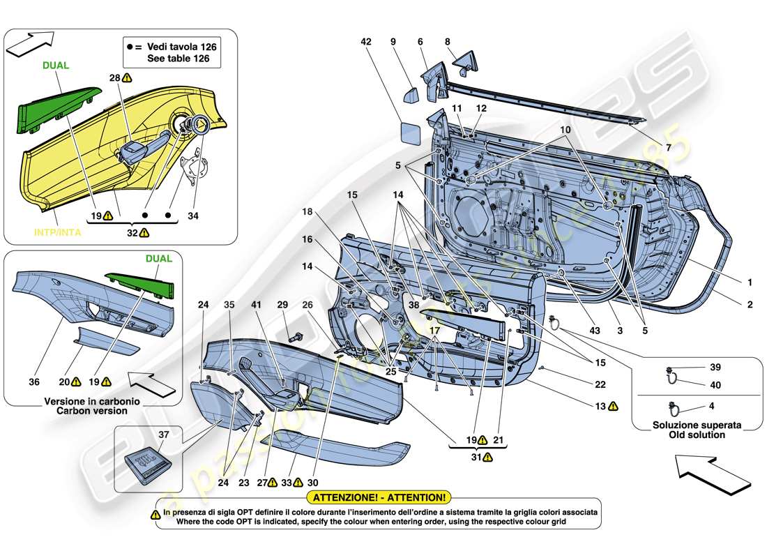 ferrari 488 spider (europe) türen - unterkonstruktion und verkleidung teilediagramm