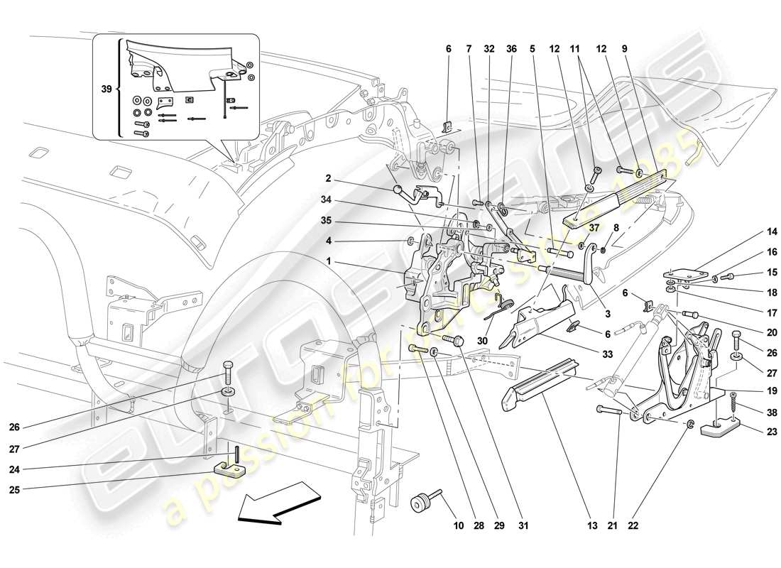 ferrari f430 scuderia spider 16m (rhd) dach-kinematik - unterer teil teilediagramm