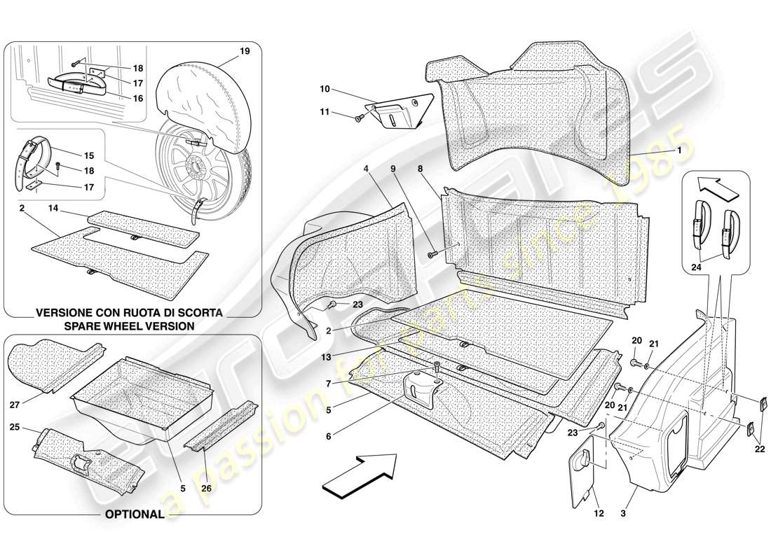 ferrari 599 gtb fiorano (europe) gepäckraumverkleidung teilediagramm