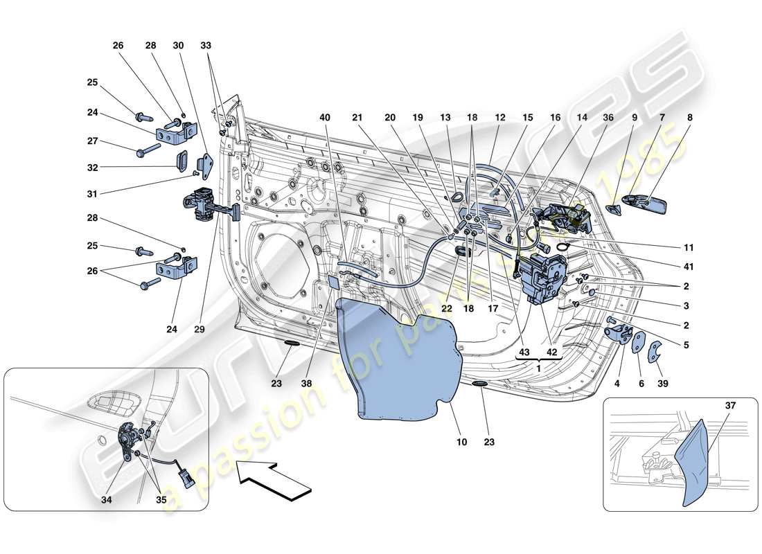 ferrari 488 gtb (usa) türen - öffnungsmechanismen und scharniere ersatzteildiagramm