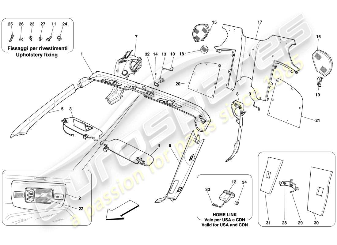 ferrari 599 sa aperta (europe) windscreen rim and rear passenger compartment trim part diagram