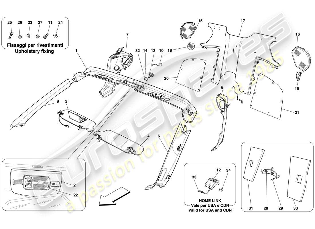 ferrari 599 sa aperta (europe) windschutzscheibenrand und fahrgastraumverkleidung hinterachs teilediagramm