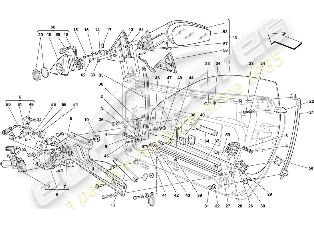 ferrari f430 coupe (rhd) türen - elektrische fensterheber und rückspiegel ersatzteildiagramm