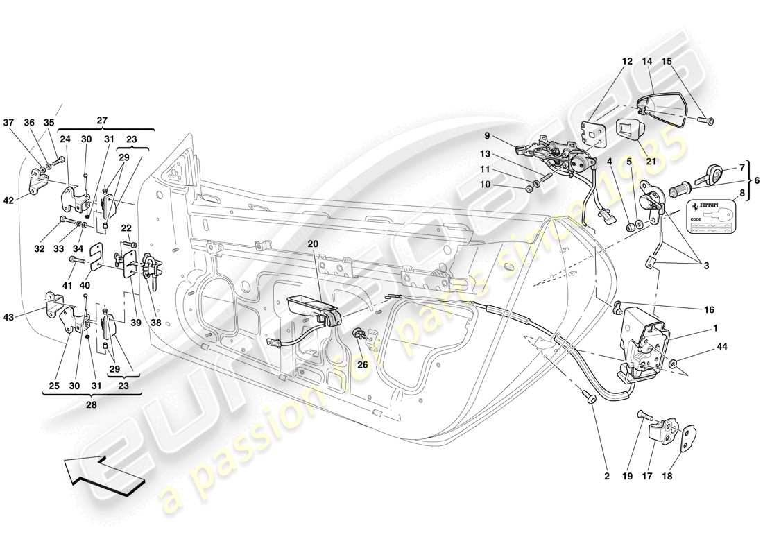 ferrari 599 gtb fiorano (rhd) türen - öffnungsmechanismus und scharniere ersatzteildiagramm