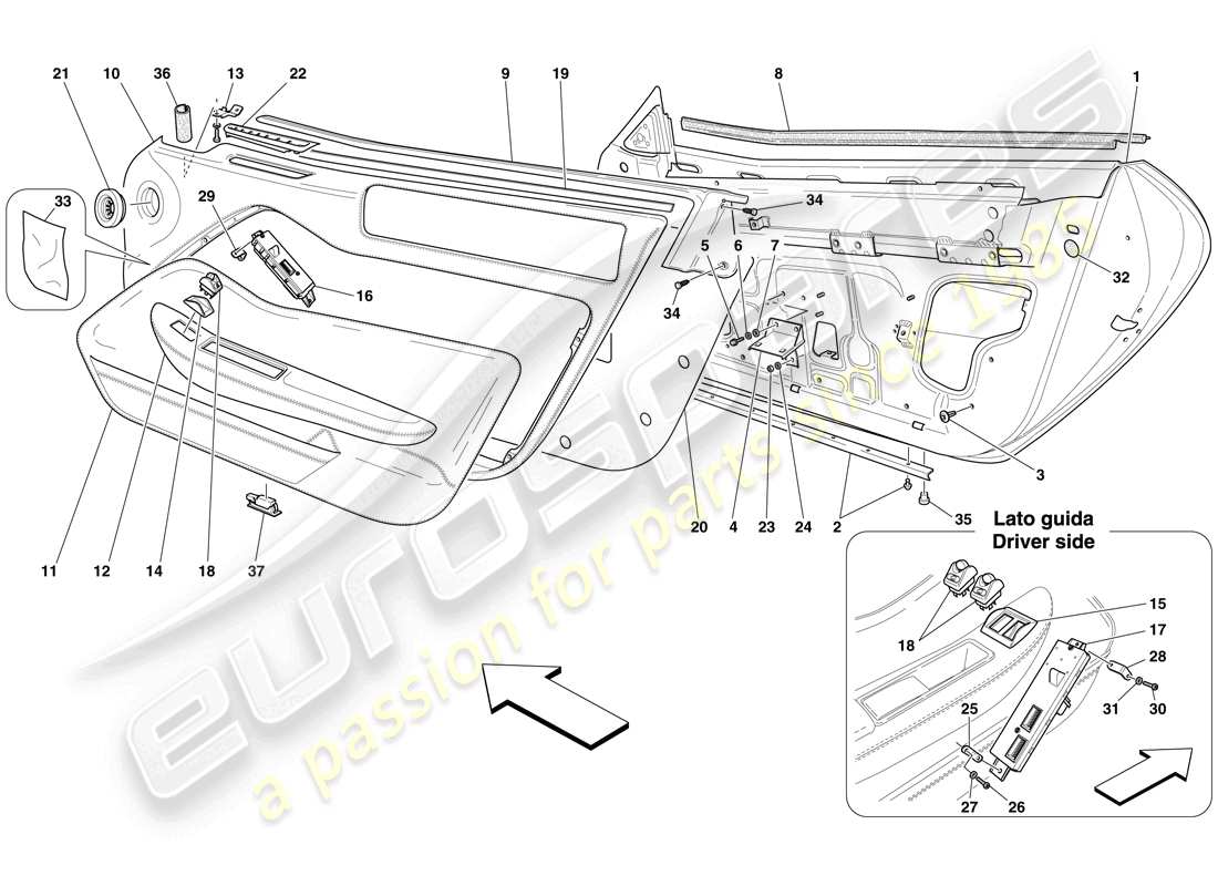 ferrari 599 sa aperta (rhd) türen – unterkonstruktion und verkleidung teilediagramm