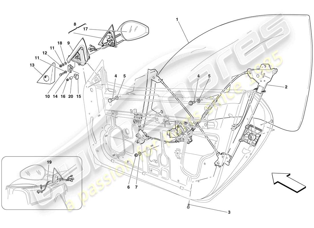 ferrari 599 gtb fiorano (rhd) türen - elektrische fensterheber und rückspiegel ersatzteildiagramm