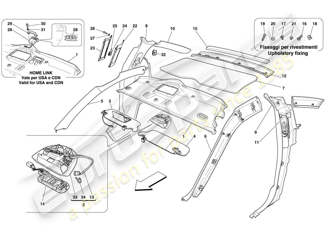 ferrari 599 gto (rhd) dachhimmelverkleidung und zubehör teilediagramm