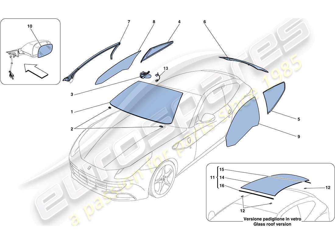 ferrari ff (usa) bildschirme, fenster und dichtungen ersatzteildiagramm