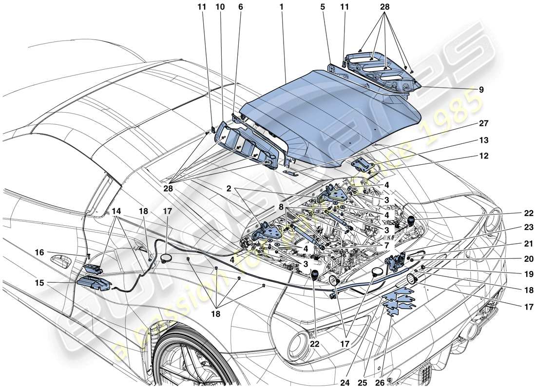 ferrari 488 spider (rhd) motorraumdeckel und entriegelungsmechanismus teilediagramm