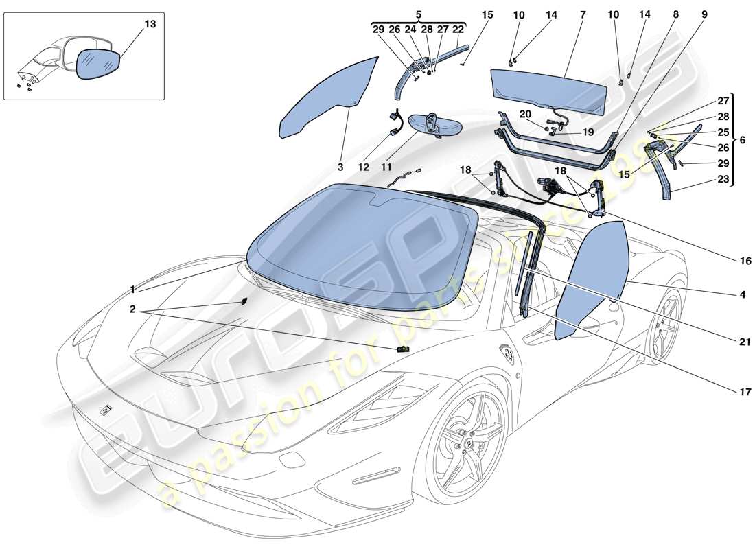 ferrari 458 speciale aperta (rhd) bildschirme, fenster und dichtungen teilediagramm