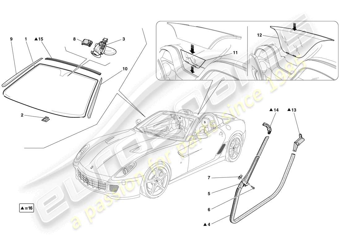 ferrari 599 sa aperta (rhd) bildschirme, fenster und dichtungen teilediagramm