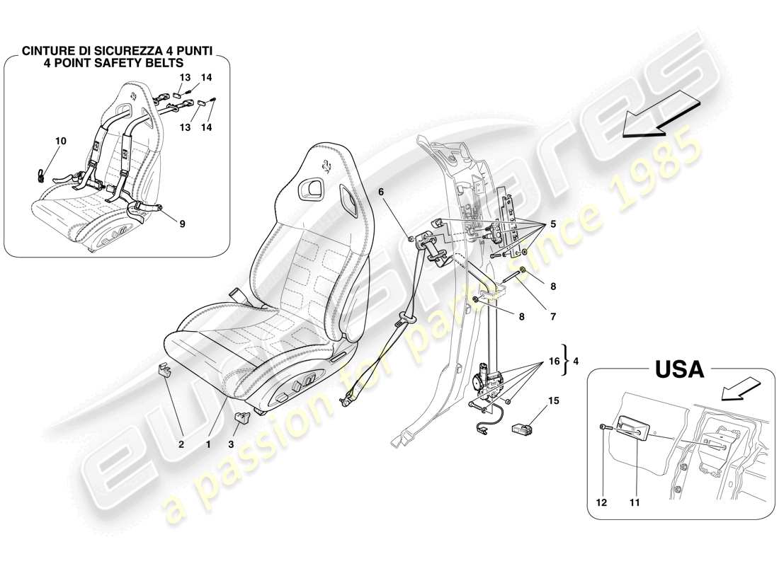ferrari 599 gtb fiorano (rhd) kompletter vordersitz und sicherheitsgurte teilediagramm