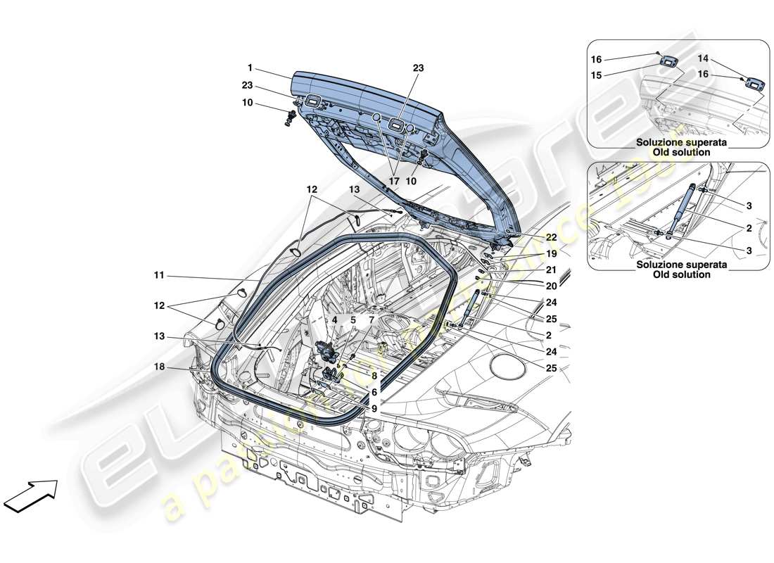 ferrari 812 superfast (rhd) hintere klappe und öffnungsmechanismus teilediagramm