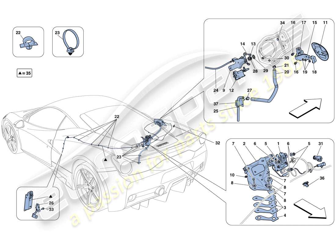 ferrari 458 speciale (rhd) öffnungsmechanismen für motorraumdeckel und tankklappe teilediagramm