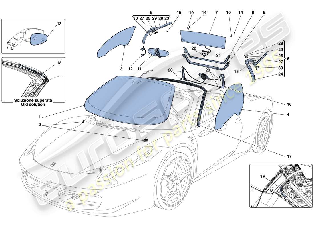 ferrari 458 spider (rhd) bildschirme, fenster und dichtungen ersatzteildiagramm